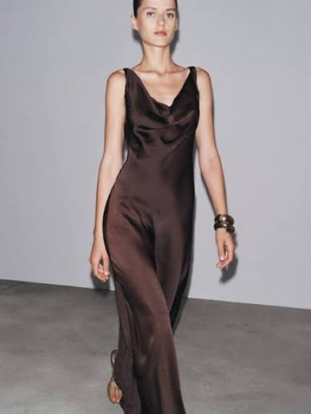 Zara ZW Long Satin Dress Chocolate Brown